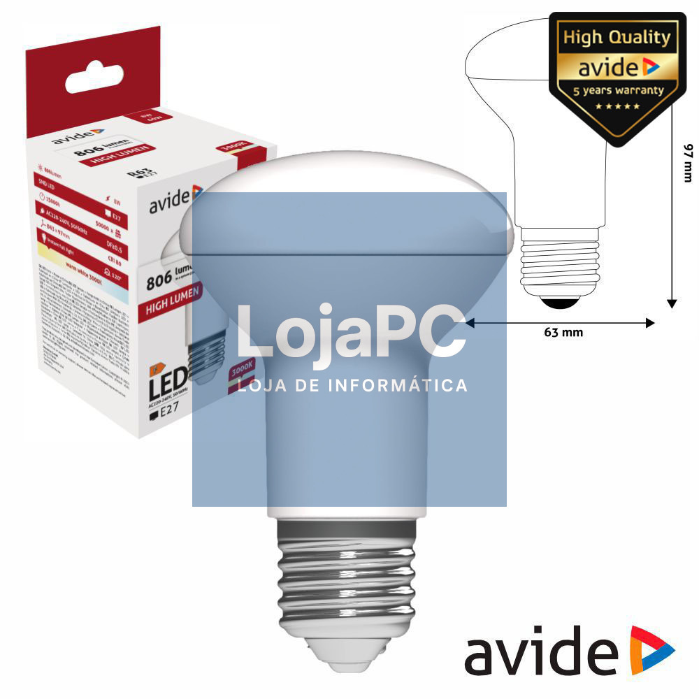 Lâmpada LED E27 R63 8W 230V 3000K 806lm AVIDE