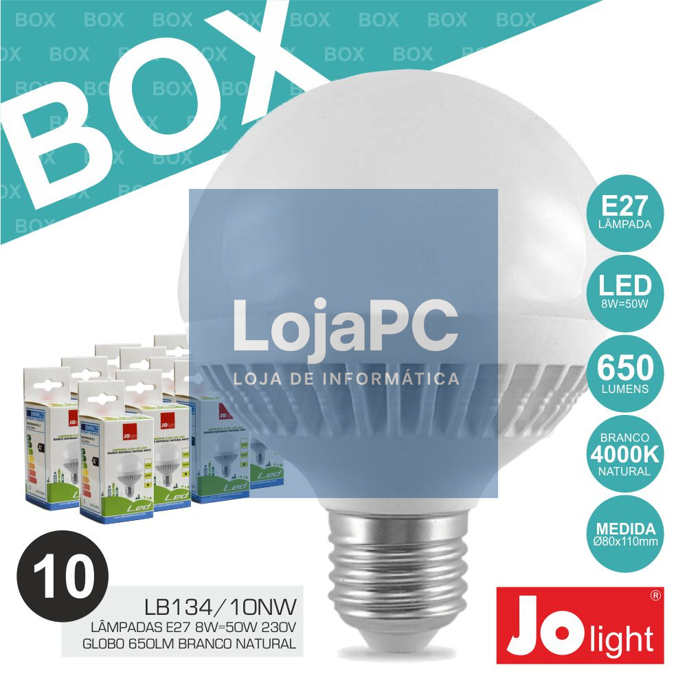 BOX 10 LÂMPADAS E27 8W=50W 230V GLOBO 650LM BRANCO NATURAL