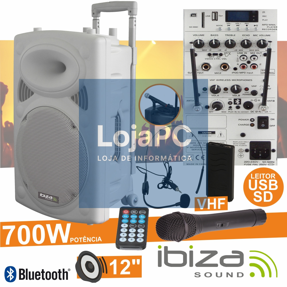 COLUNA AMPLIFICADA 12" 700W USB/BT/SD/BAT VHF BRANCO IBIZA