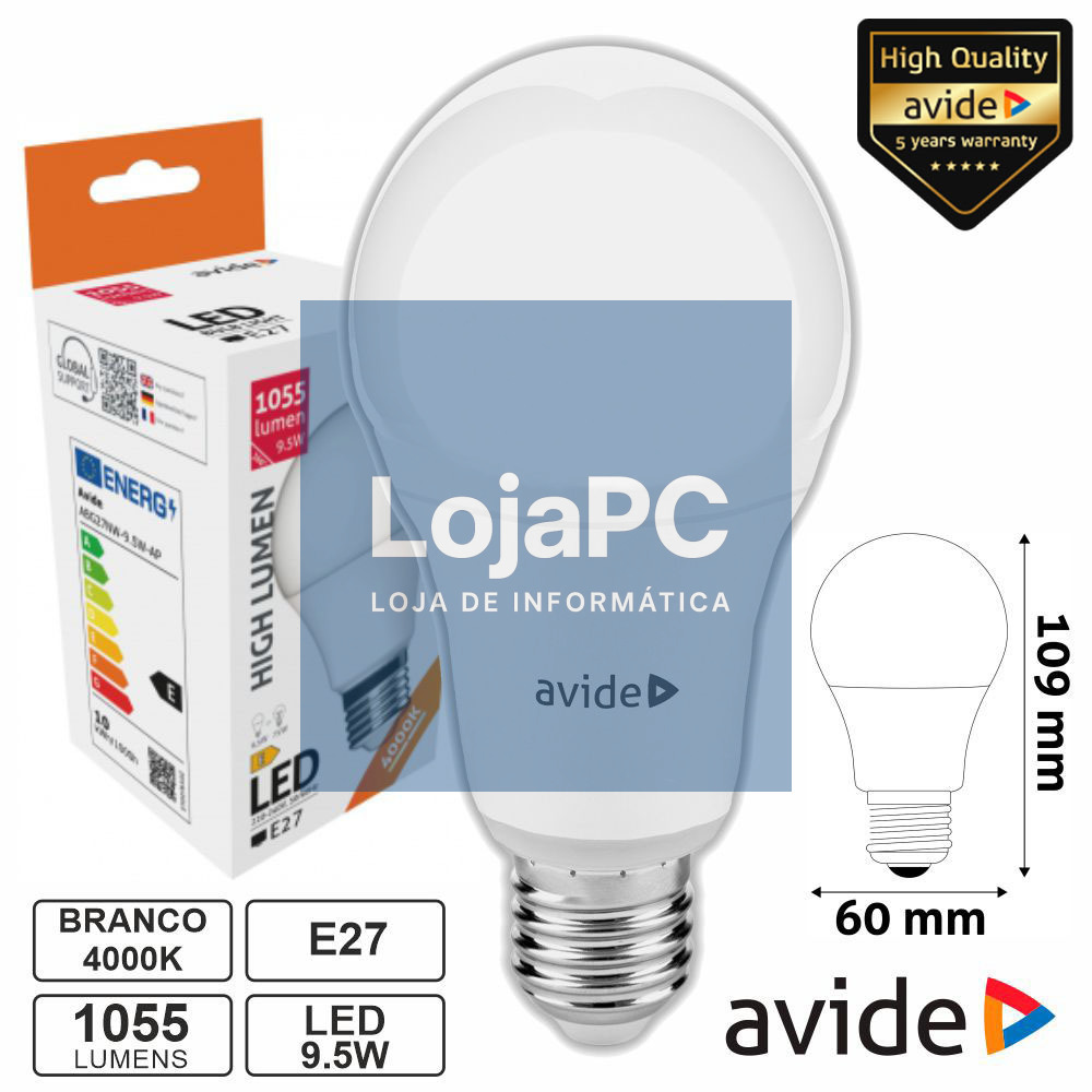 Lâmpada LED E27 Globo A60 9.5W 230V 4000K 1055lm AVIDE
