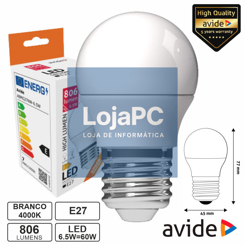Lâmpada LED E27 Globo G45 6.5W 230V 4000K 806lm AVIDE