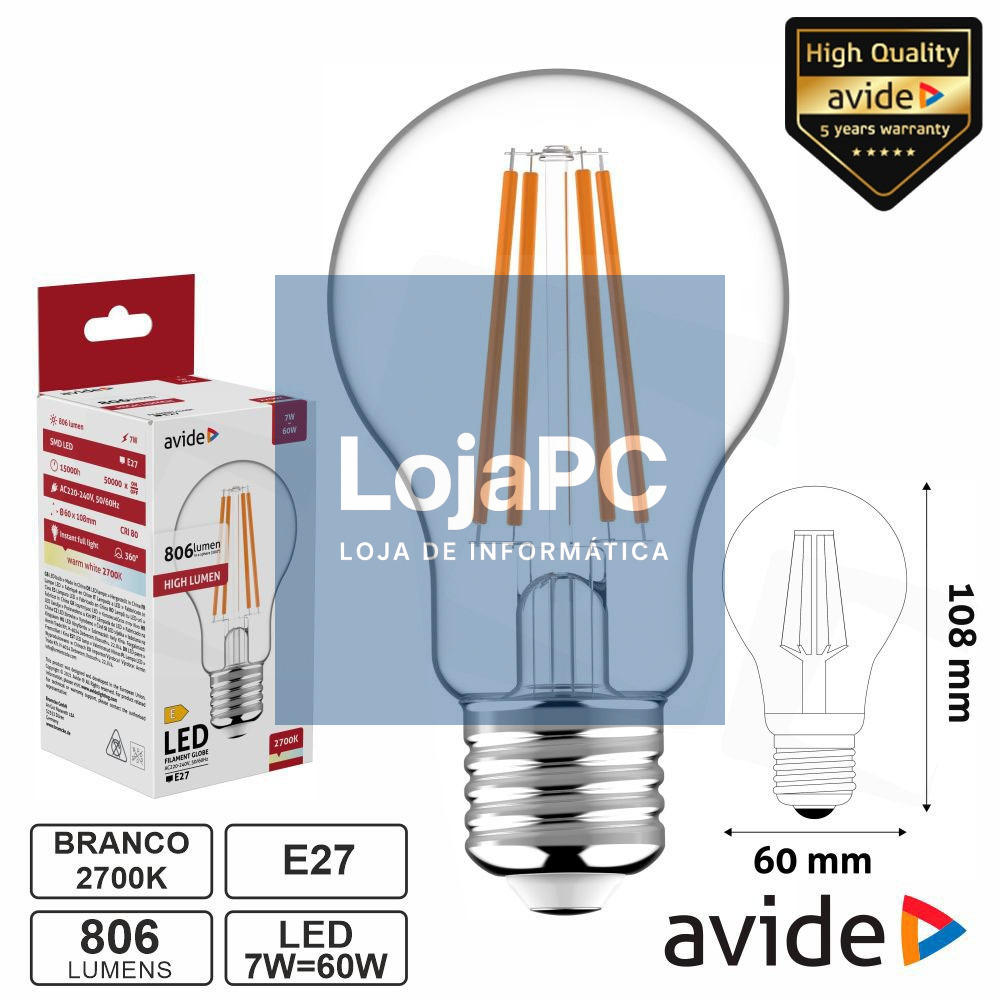 Lâmpada LED E27 Globo Filamento 7W 230V 2700K 806lm AVIDE
