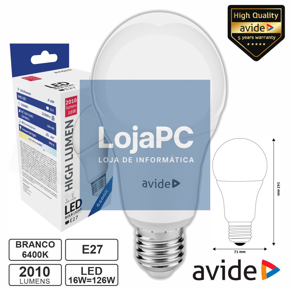 Lâmpada LED E27 Globo A70 16W 230V 6400K 2010lm AVIDE
