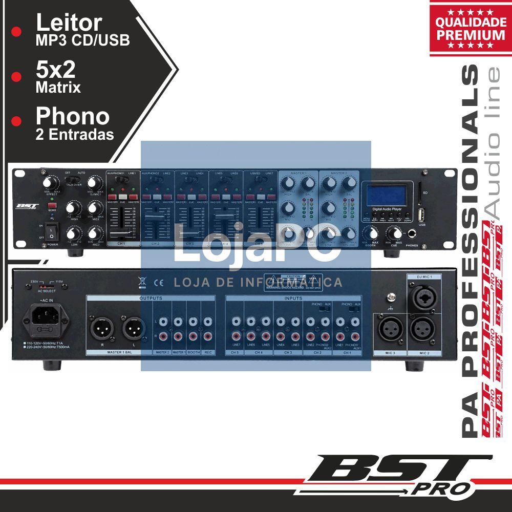 PRÉ-AMPLIFICADOR 19" 2U MATRIX 5X2 12 ENTRADAS CD/USB BSTPRO