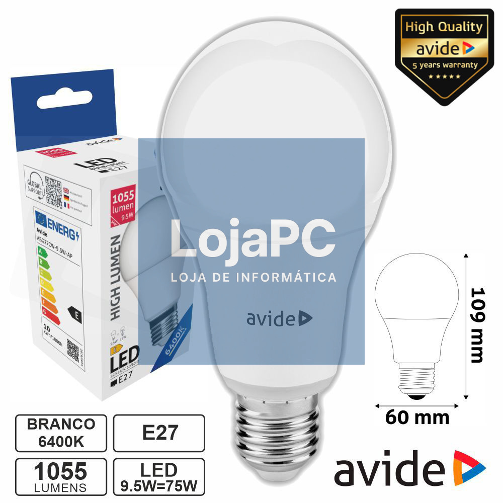 Lâmpada LED E27 Globo A60 9.5W 230V 6400K 1055lm AVIDE