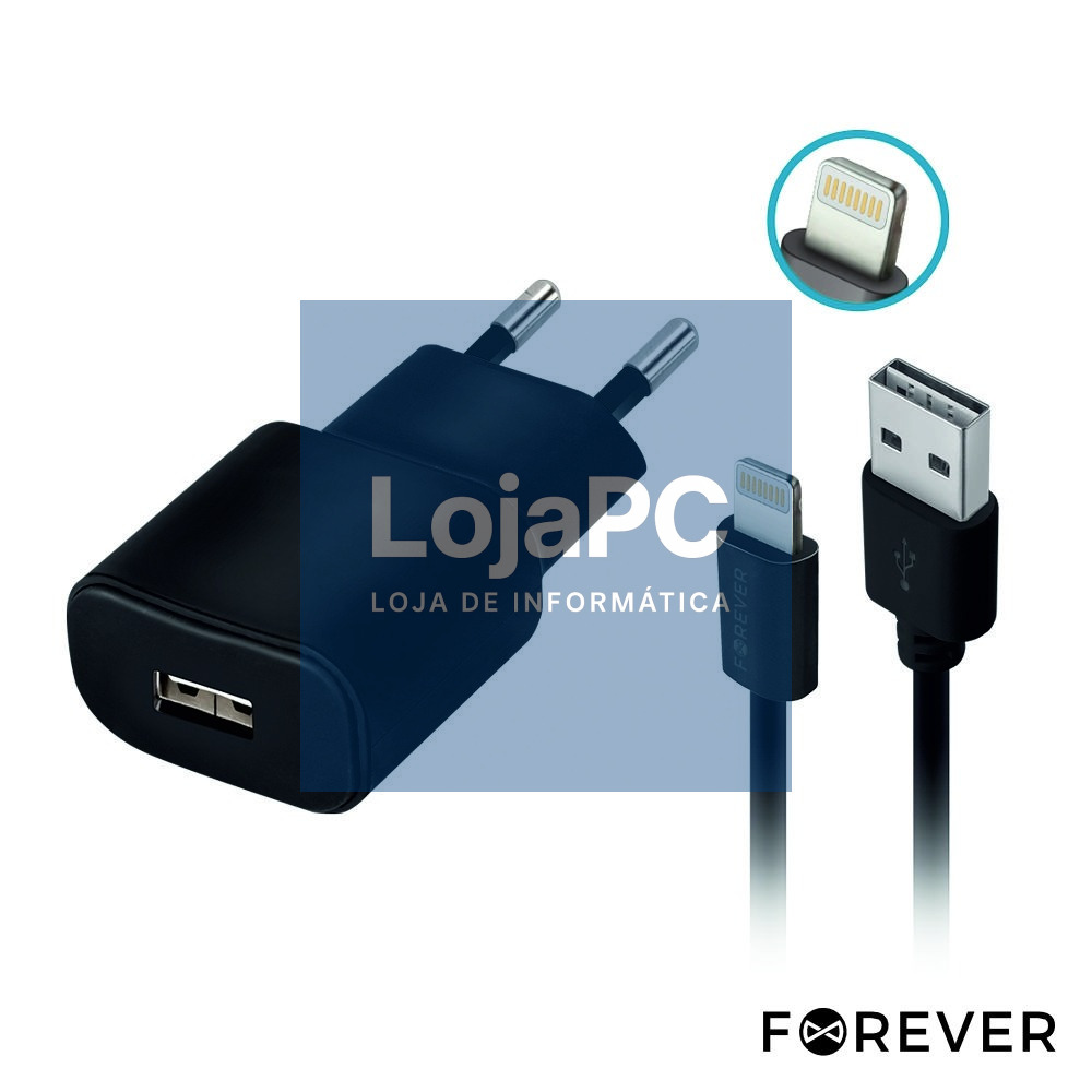 ALIMENTADOR COMUTADO + CABO LIGHTNING USB TIPO A FOREVER