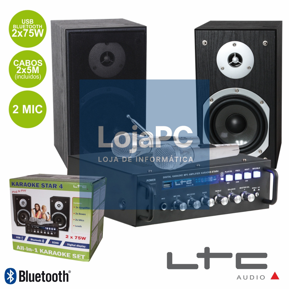 CONJUNTO KARAOKE AMPLIFICADOR 2X75W 2 COLUNAS 2MIC BT LTC