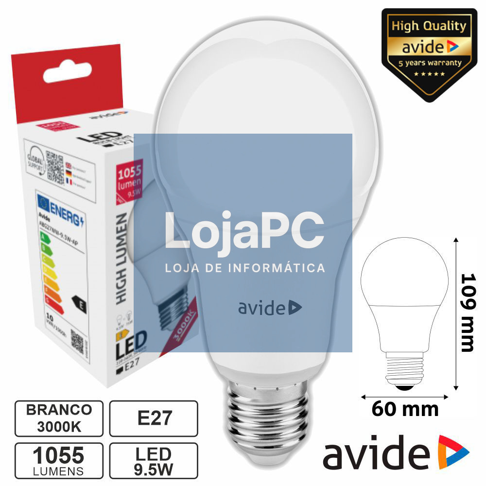 Lâmpada LED E27 Globo A60 9.5W 230V 3000K 1055lm AVIDE