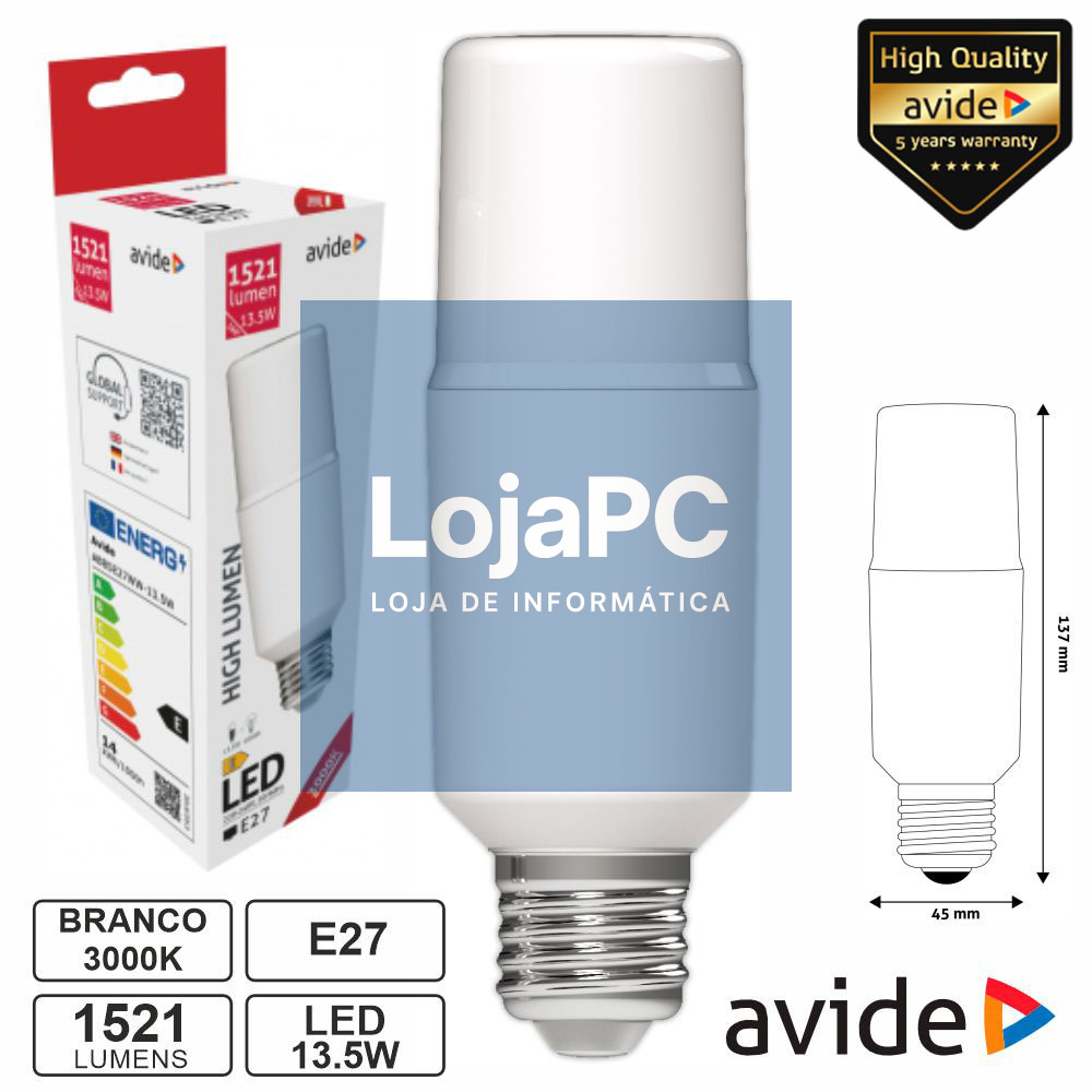 Lâmpada LED E27 Stick T45 13.5W 230V 3000K 1521lm AVIDE