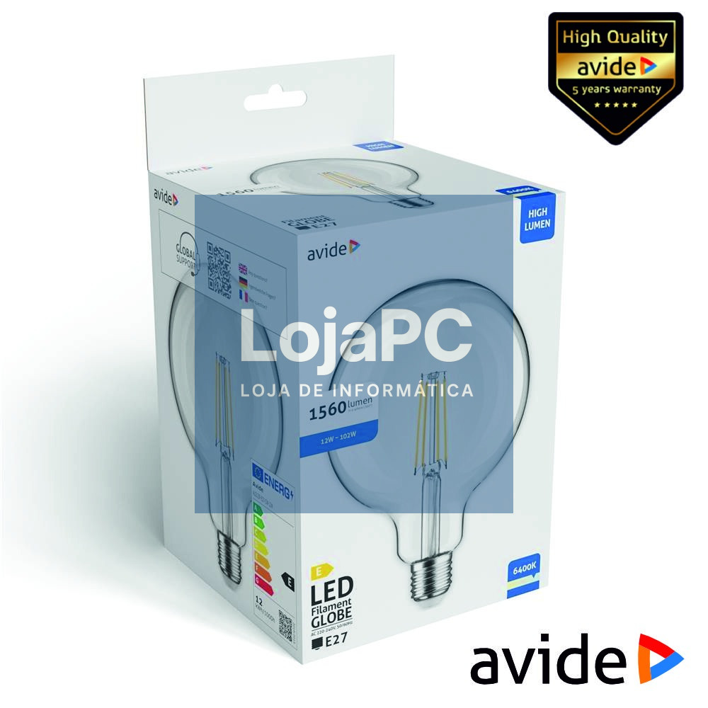Lâmpada LED E27 Globo Filamento 12W 240V 6400K 1560lm AVIDE