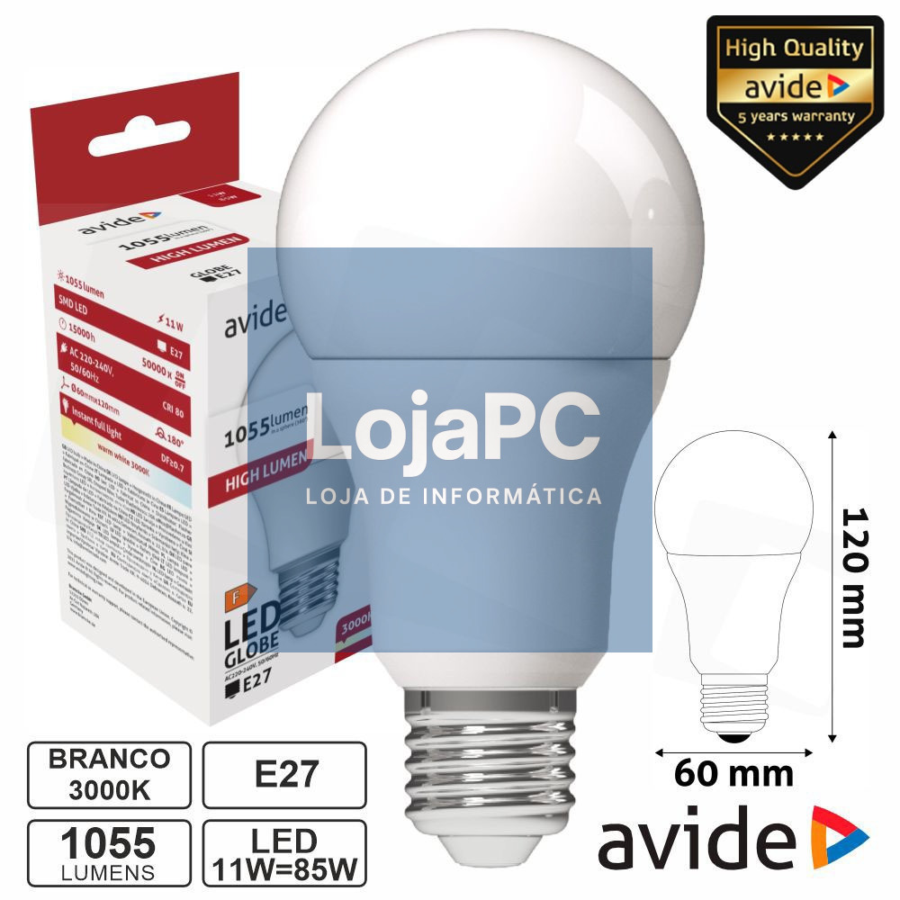 Lâmpada LED Dimável E27 Globo A60 11W 230V 3000K 1055lm