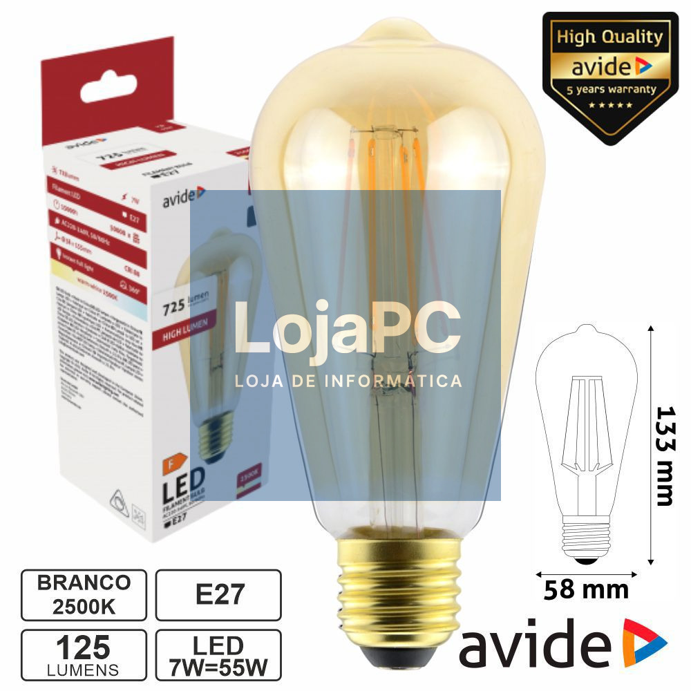 Lâmpada LED E27 Dimável Filamento 7W 230V 2500K 725lm AVIDE