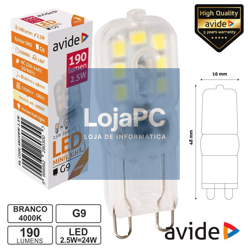 LÂMPADA LED G9 2.5W 230V 4000K 190LM AVIDE