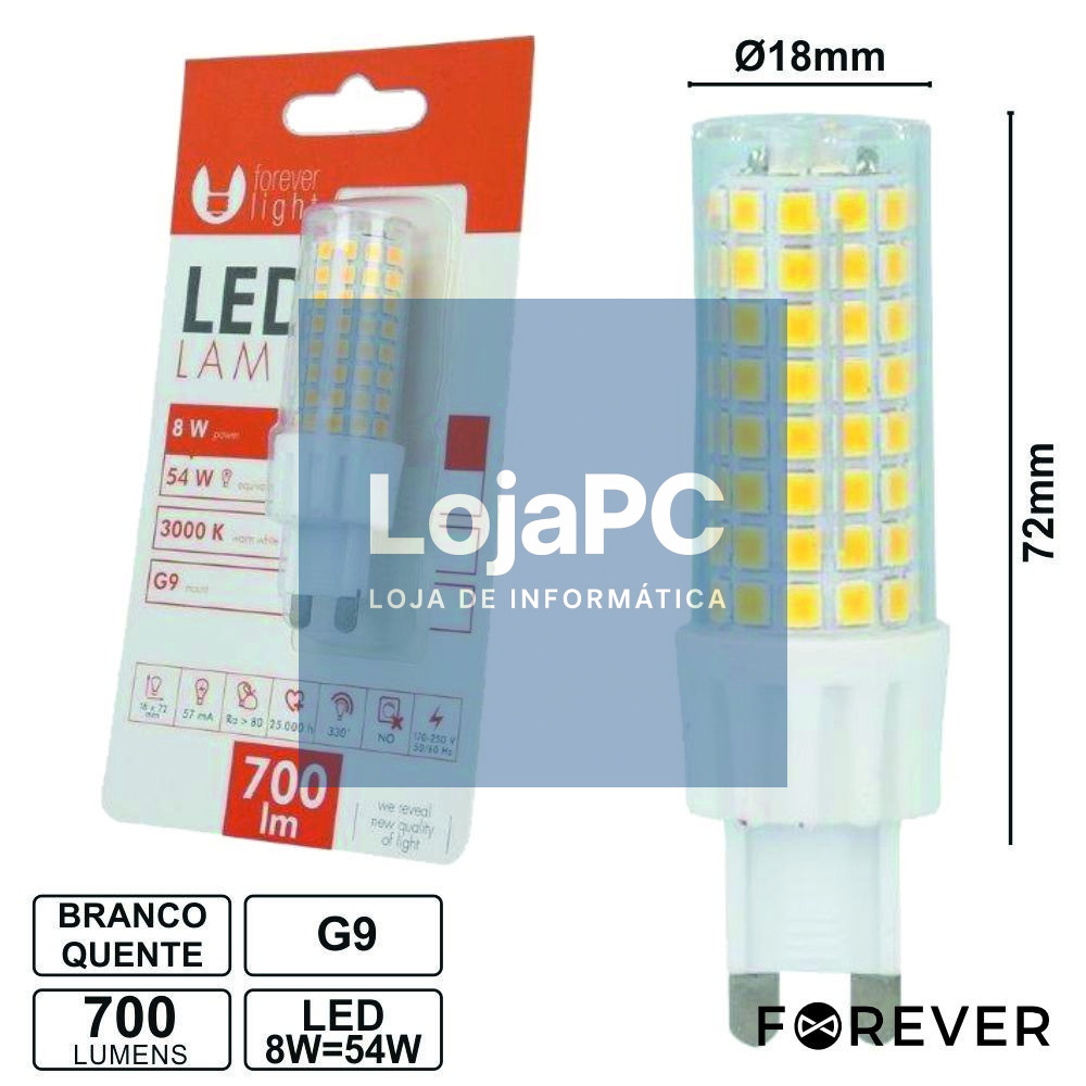 LÂMPADA G9 8W=54W 230V BRANCO QUENTE 700LM
