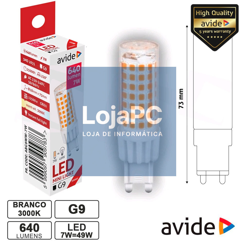 LÂMPADA LED G9 7W 230V 3000K 640LM AVIDE