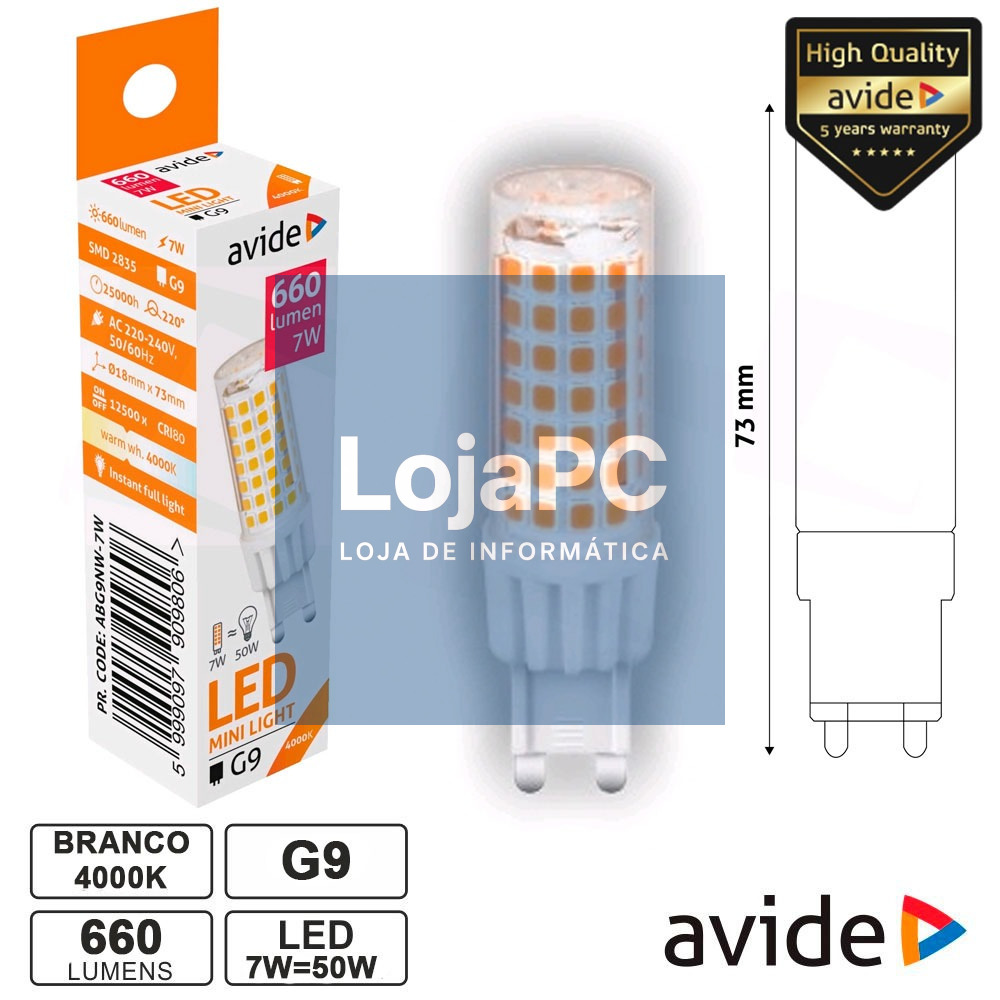 LÂMPADA LED G9 7W 230V 4000K 660LM AVIDE
