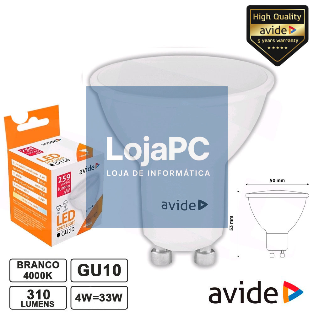 LÂMPADA LED GU10 SPOT 4W 230V 4000K 310LM AVIDE