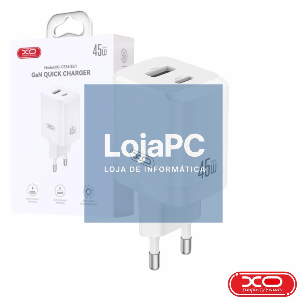 Alimentador 1x USB-A / 1x USB-C 45W GaN Branco XO