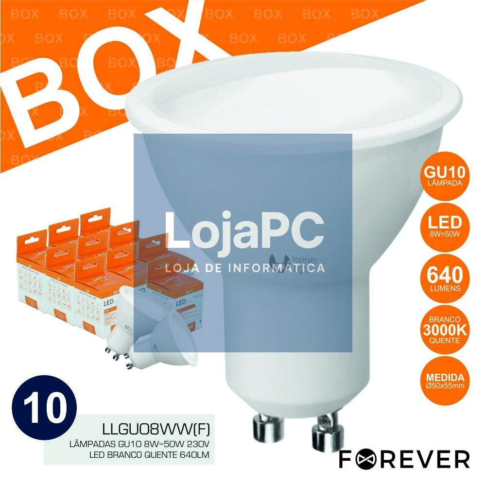 BOX 10 LÂMPADAS GU10 8W=50W 230V LED BRANCO QUENTE 640LM