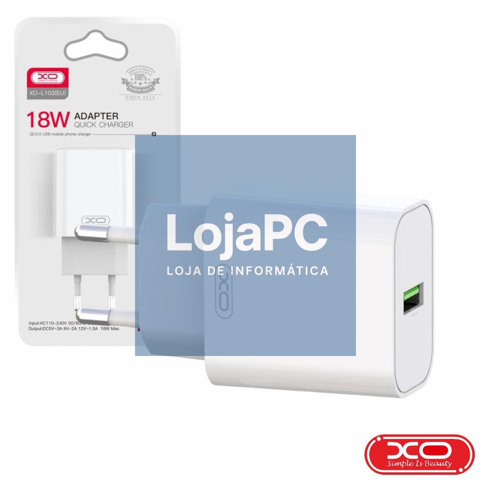 Alimentador USB-A 5V QC3.0 18W 3A Branco XO