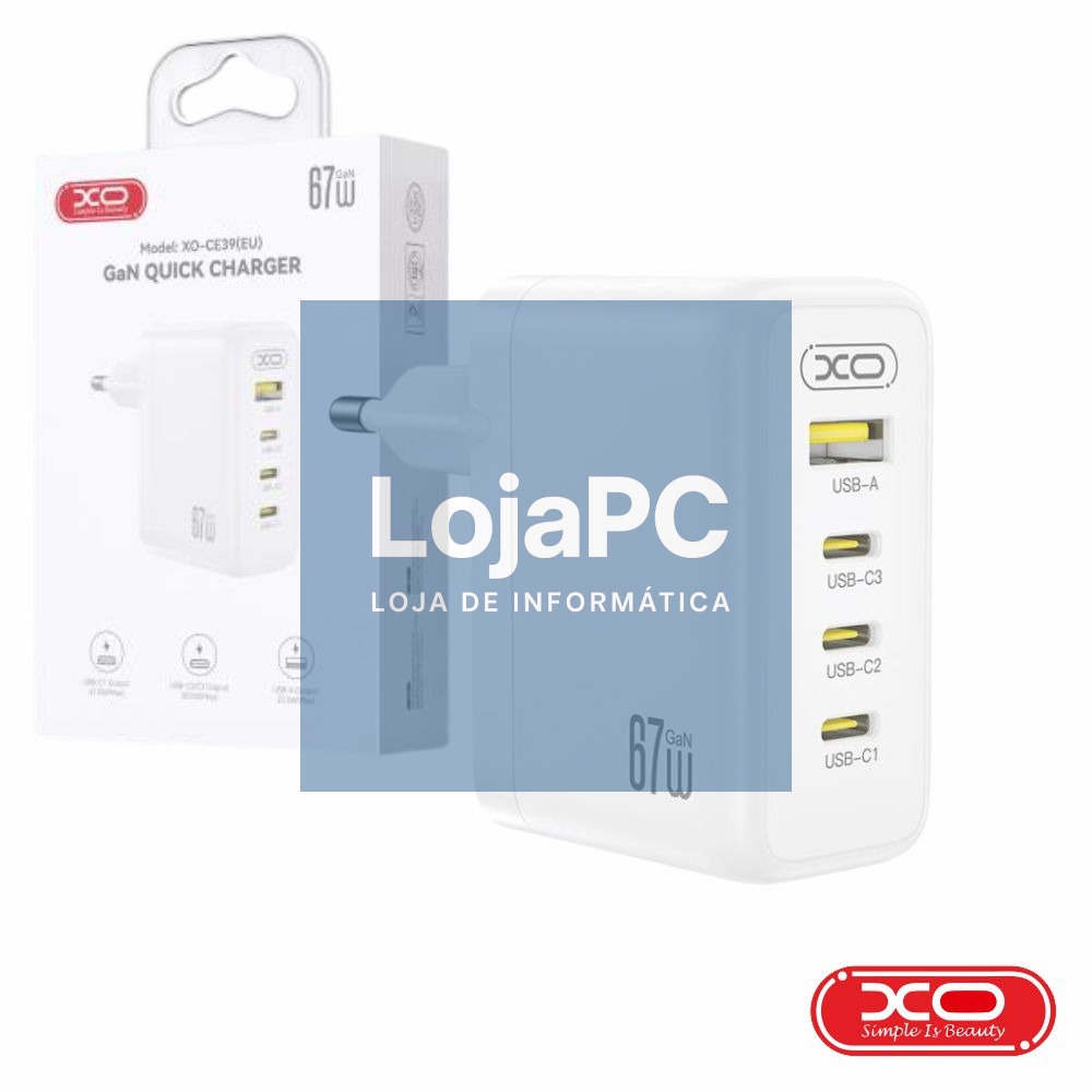 Alimentador 1x USB-A 3x USB-C PD 67W GaN Branco XO