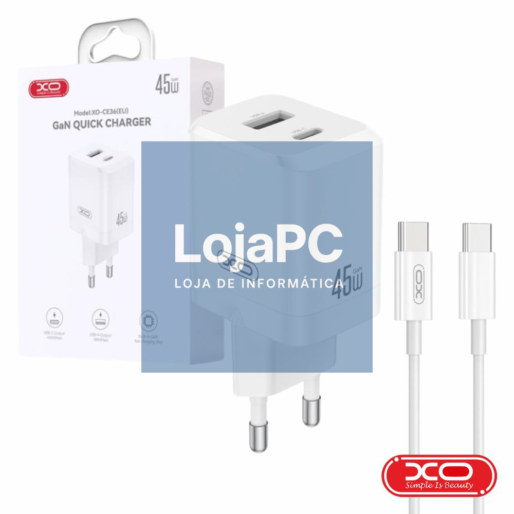 Alimentador 1x USB-A / 1x USB-C 45W GaN C/ Cabo USB-C XO