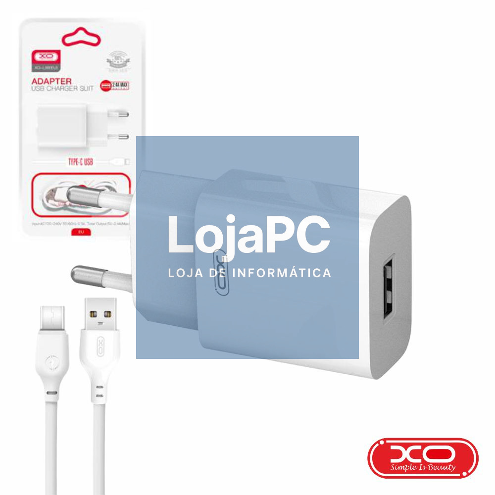 Alimentador USB-A 2.4A Branco + Cabo USB-A P/ USB-C XO