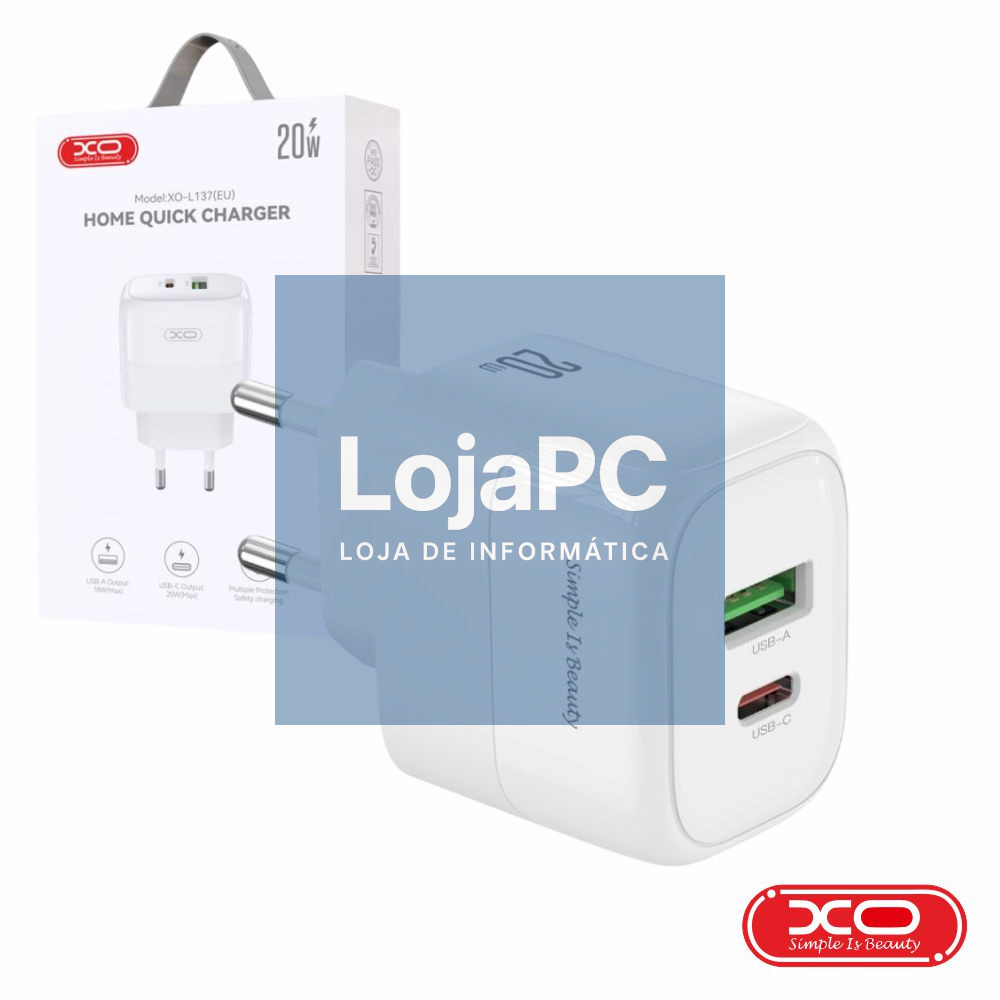 Alimentador USB-A 18W 2.4A / USB-C PD 20W GaN XO