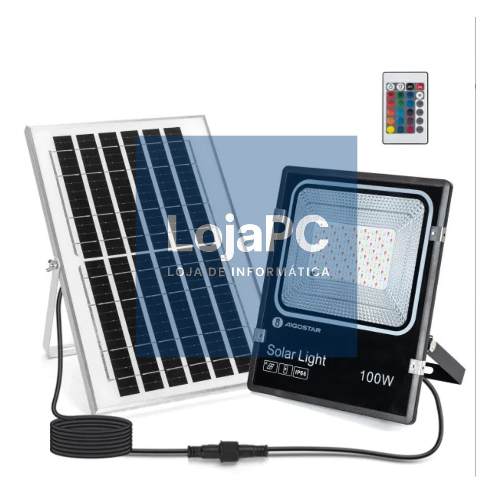 Foco LED C/ Painel Solar 100W RGB 1000lm 5M IP66 Preto