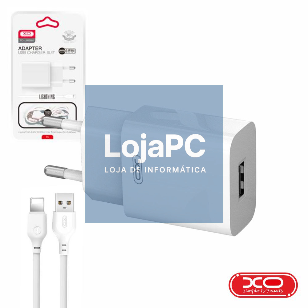 Alimentador USB-A 2.4A Branco + Cabo USB-A P/ Lightning XO