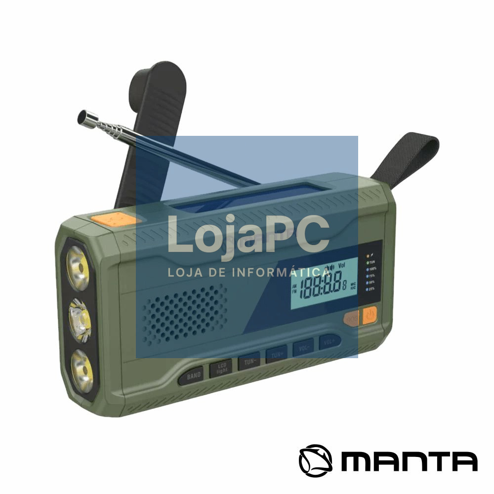 Rádio Portátil FM c/ Painel Solar/Dínamo/Lanterna MANTA