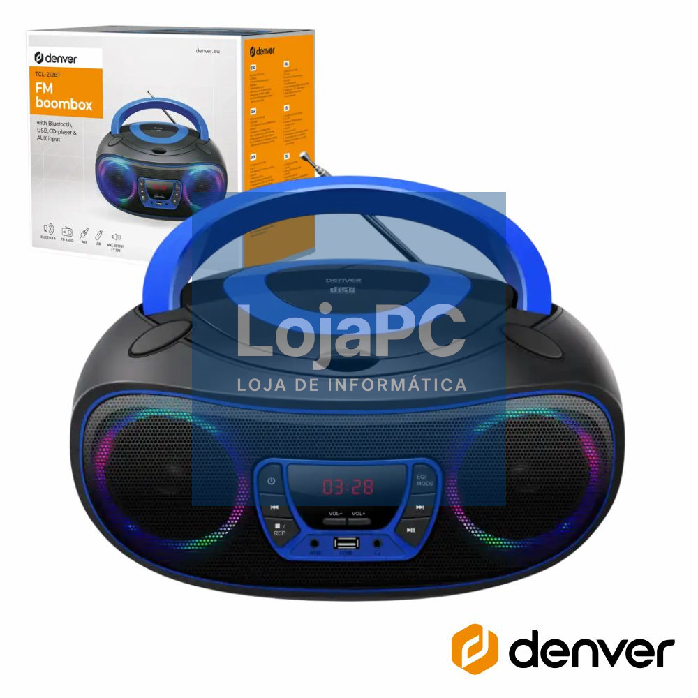 Rádio Portátil Leitor FM/BT/CD/USB Colunas 2x2W LEDS DENVER