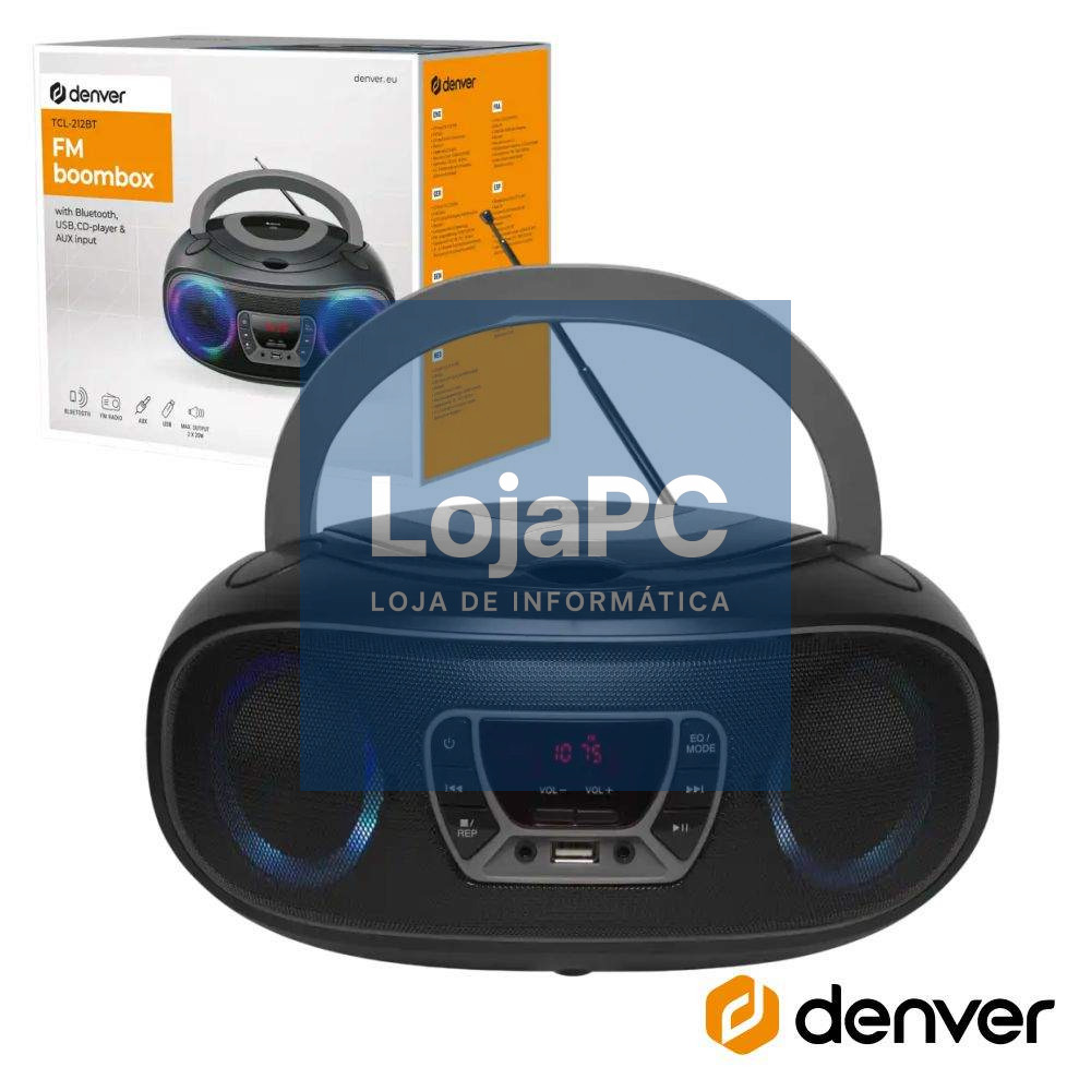 RÁDIO PORTÁTIL LEITOR FM/BT/CD/USB COLUNAS 2X2W LEDS DENVER