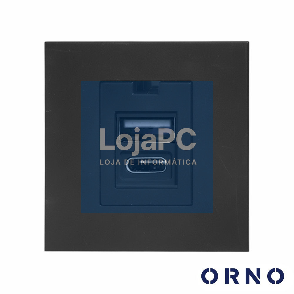 Módulo 1x USB-A e 1x USB-C P/ Encastrar Móveis Preto ORNO