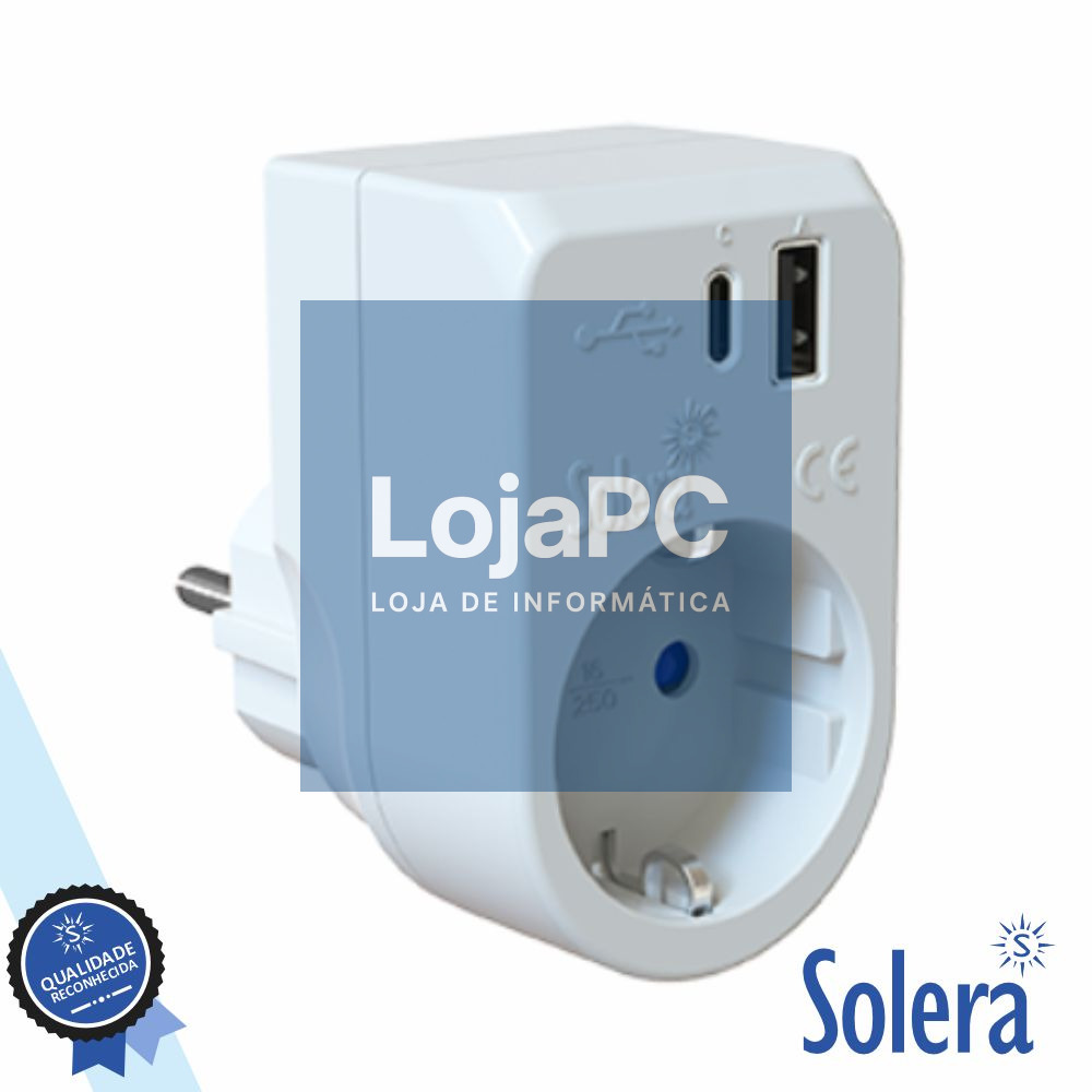 Ficha Elétrica Adaptadora 1x Schuko / USB-A/USB-C SOLERA