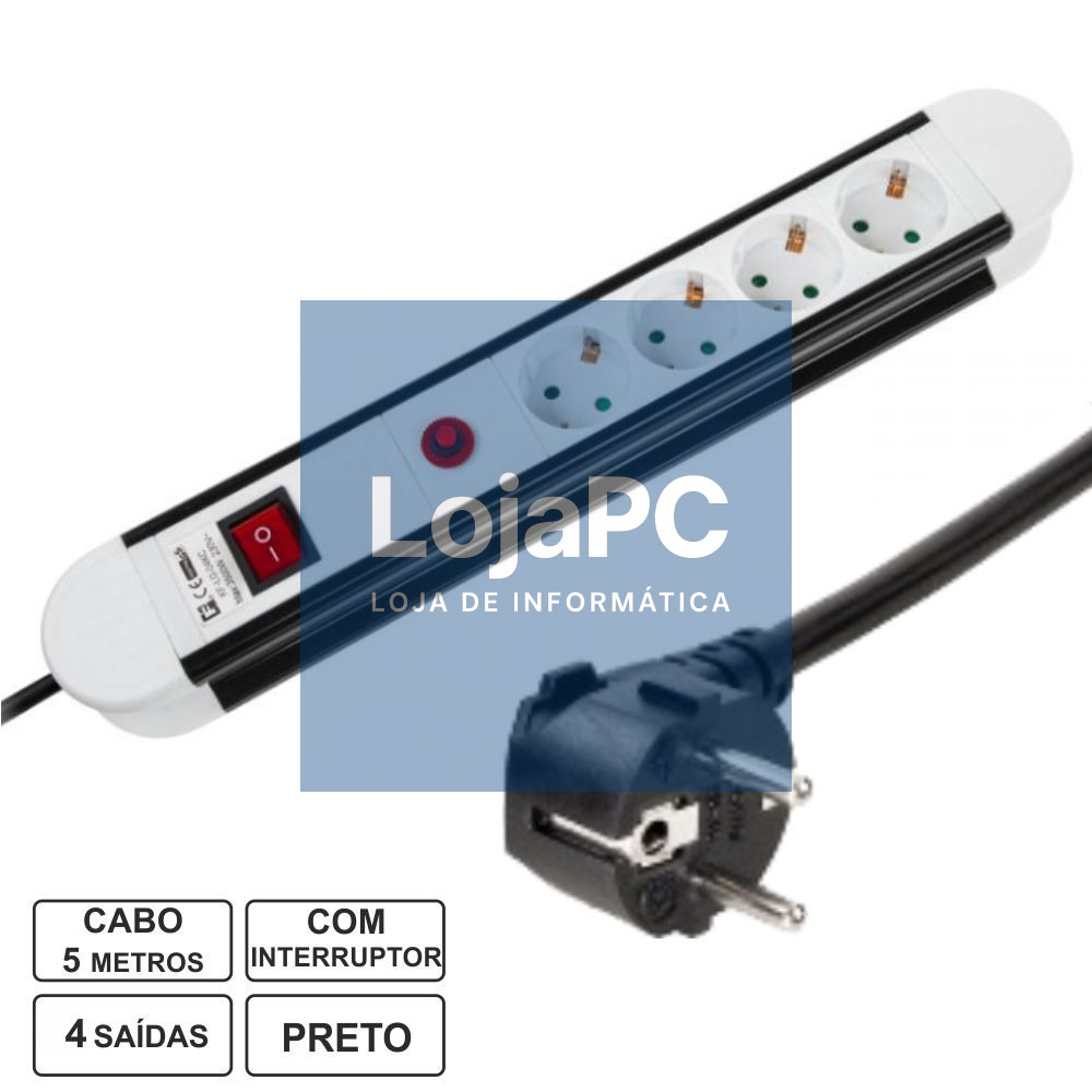 Tomada Elétrica C/ 4 Saídas Interruptor 5m Branco/Preto