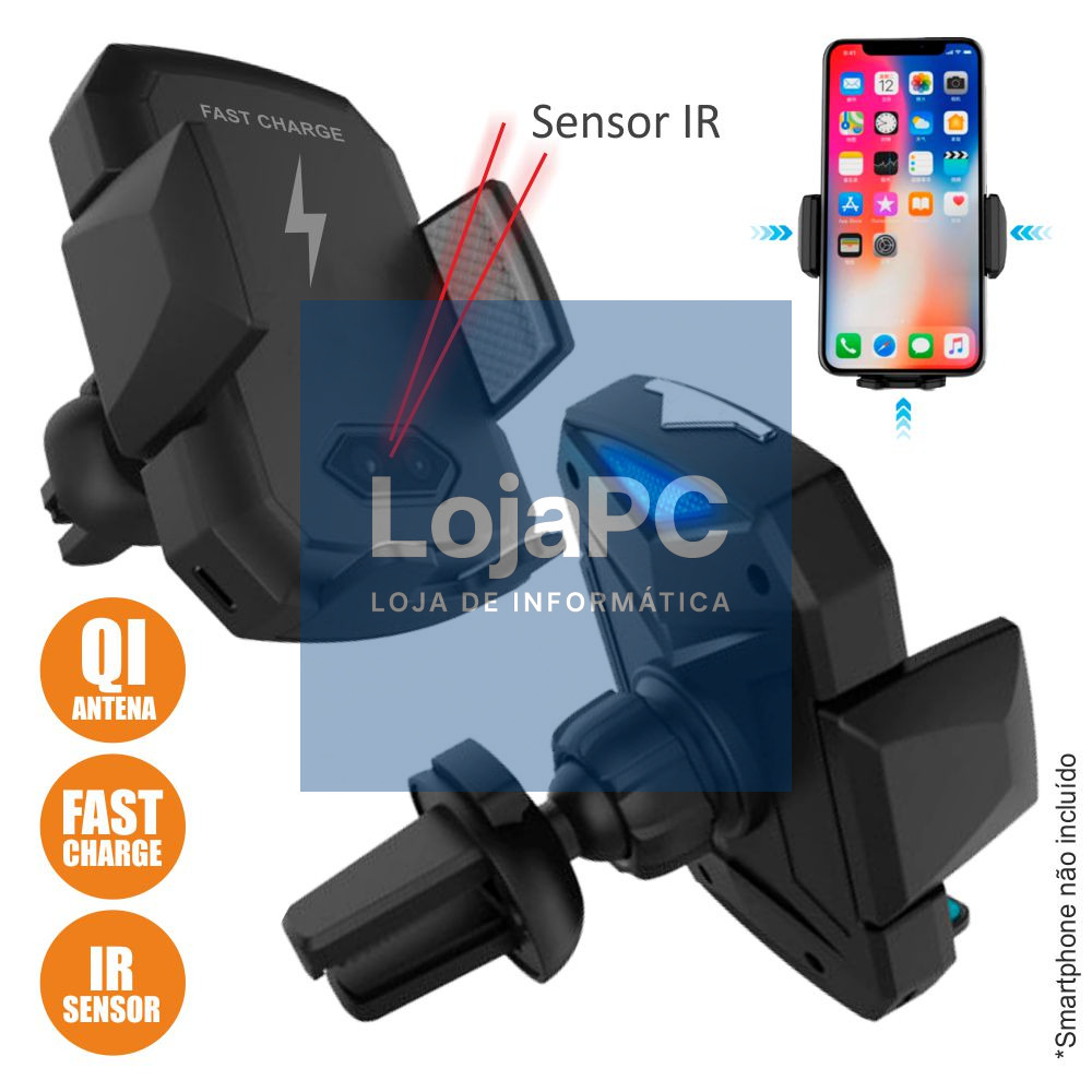 SUPORTE TELEMÓVEL C/ CARREGADOR INDUÇÃO QI 10W E SENSOR IR