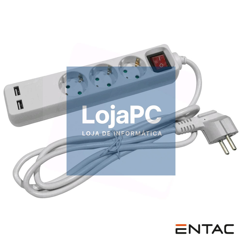 Tomada Elétrica C/ 3 Saídas + 2 USB e Interruptor 1.5m ENTAC