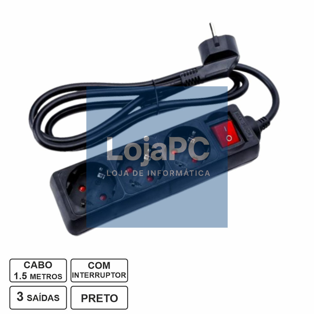 Tomada Elétrica C/ 3 Saídas Interruptor 1.5m Preto