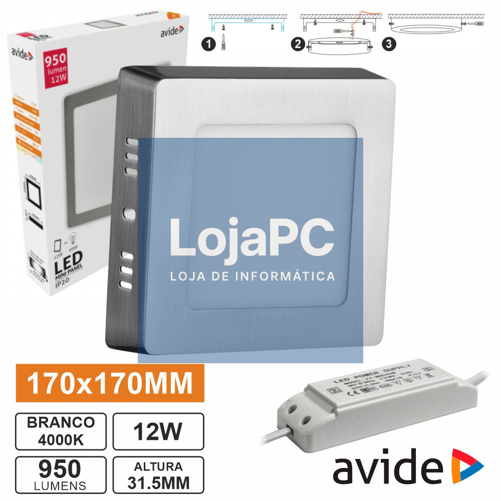 Painel LEDS Quadrado Superfície 12W 170mm 4000K 840lm AVIDE