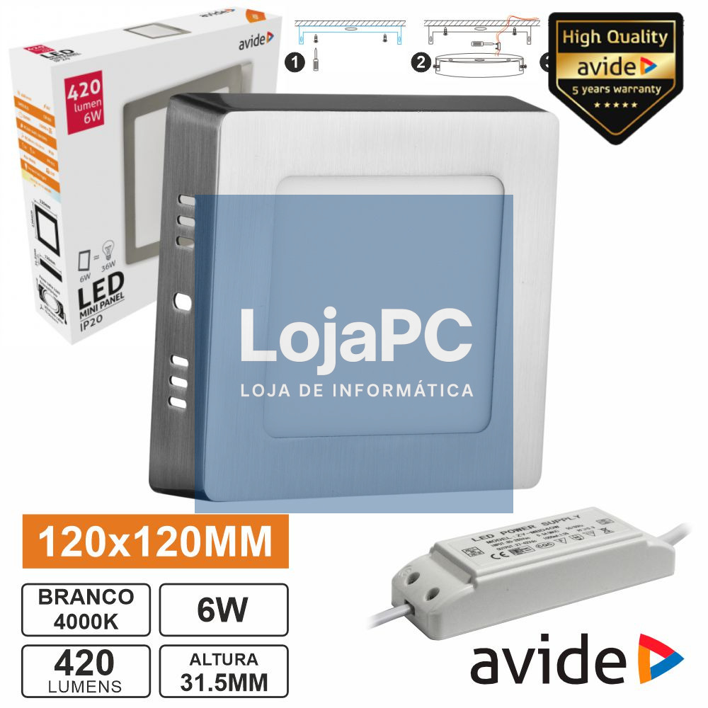Painel LEDS Quadrado Superfície 6W 120mm 4000K 420lm AVIDE