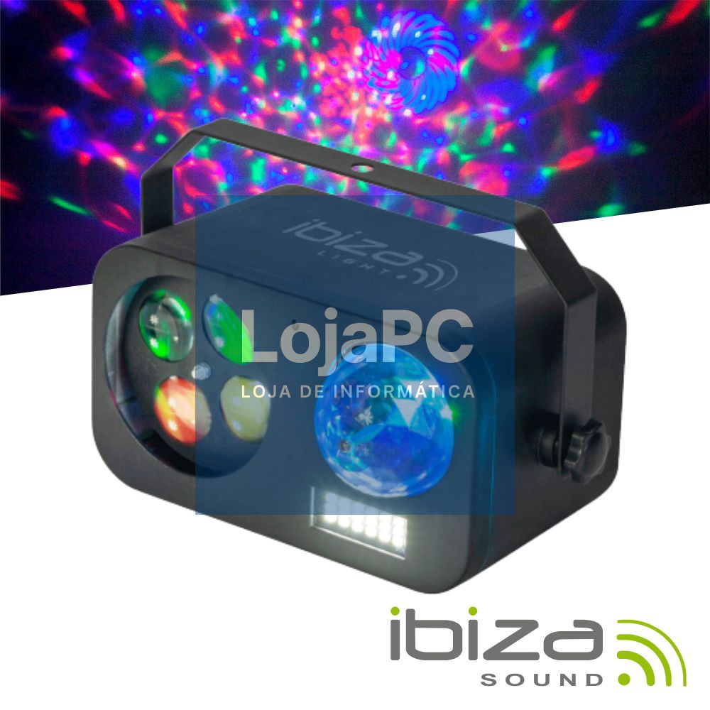 Projetor LED 3em1 Astro Gobo Strobe RGBW DMX IRC IBIZA