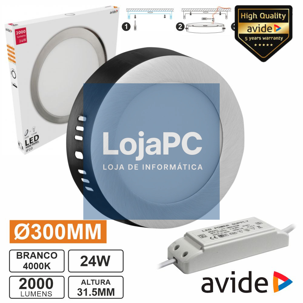Painel LEDS Redondo Superfície 24W 300mm 4000K 2000lm AVIDE