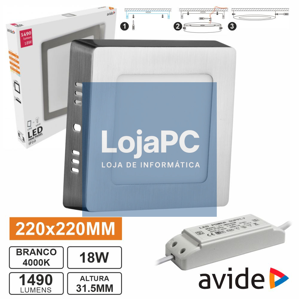 Painel LEDS Quadrado Superfície 18W 220mm 4000K 1490lm AVIDE
