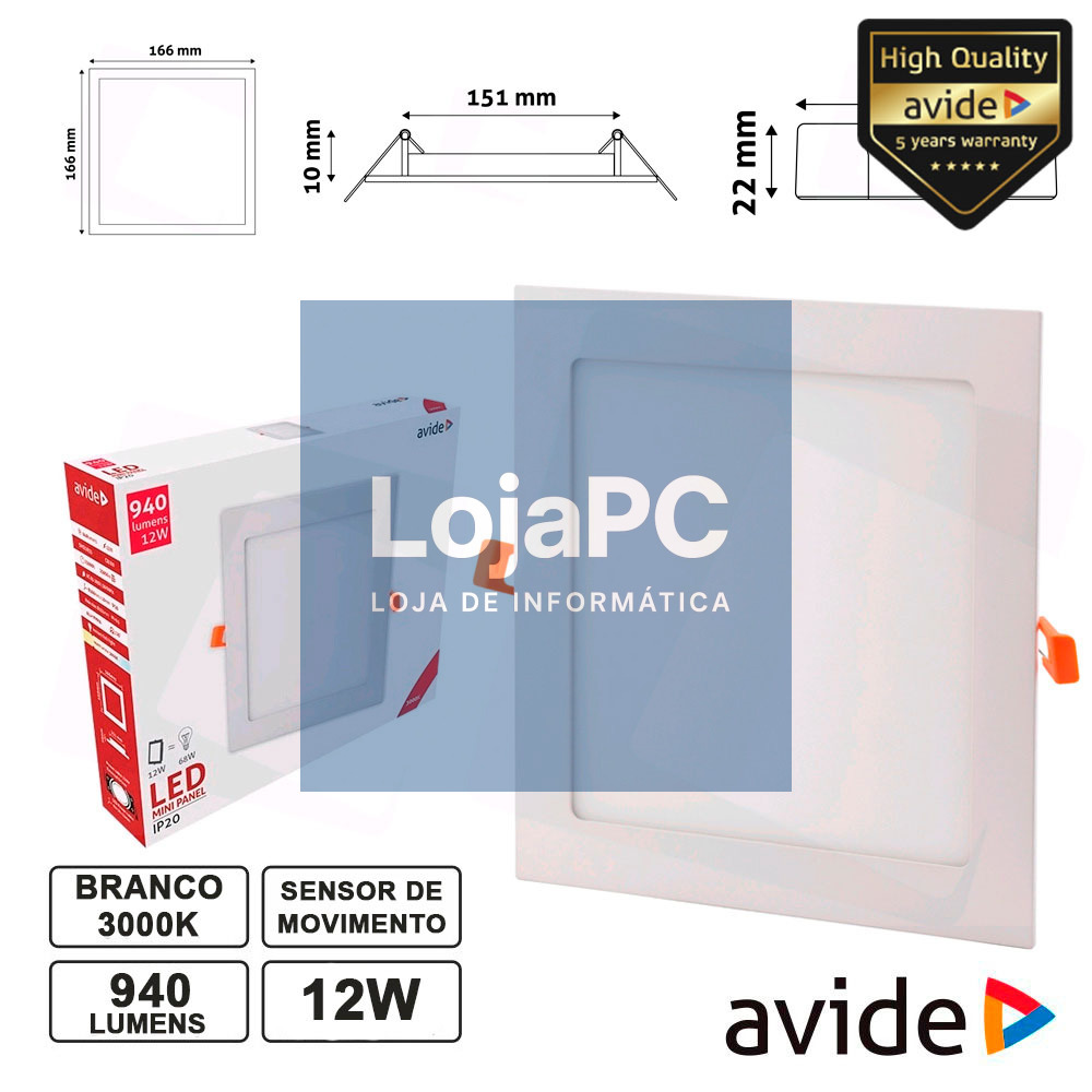 PAINEL LEDS QUADRADO 12W 166MM 3000K 940LM AVIDE