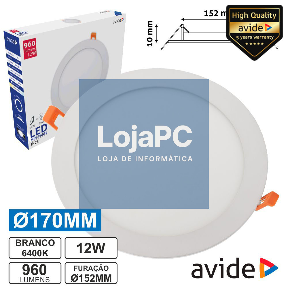PAINEL LEDS REDONDO 12W 170MM 6400K 960LM AVIDE