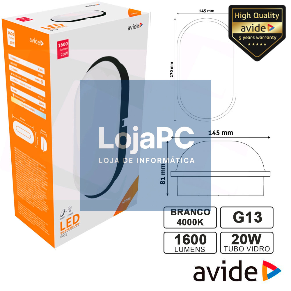 PAINEL LEDS OVAL 20W 270X145MM 4000K 1600LM IP65 AVIDE