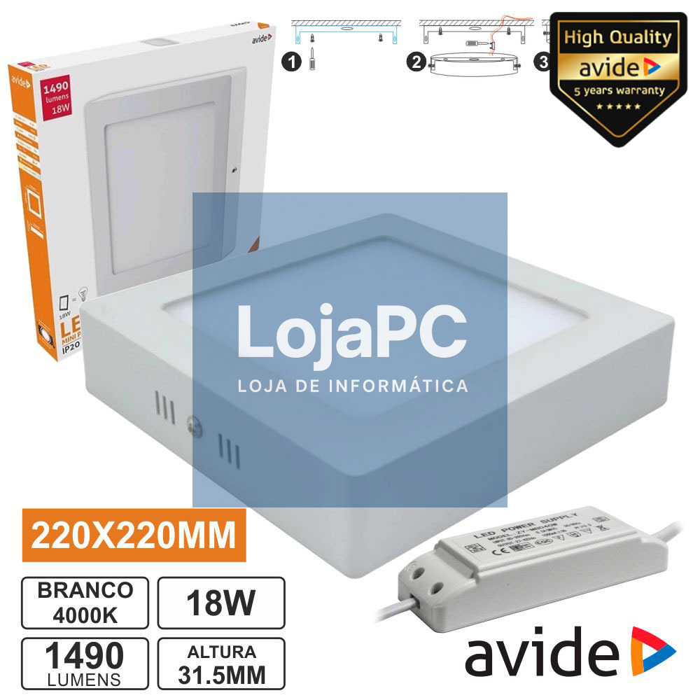 PAINEL LEDS QUADRADO SUPERFÍCIE 18W 220MM 4000K 1490LM AVIDE