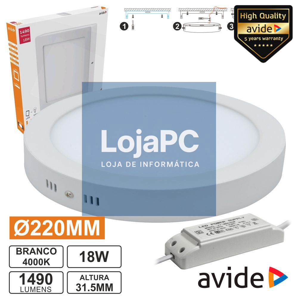 PAINEL LEDS REDONDO SUPERFÍCIE 18W 220MM 4000K 1490LM AVIDE