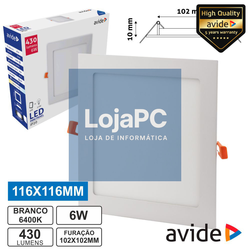 PAINEL LEDS QUADRADO 6W 116MM 6400K 430LM AVIDE